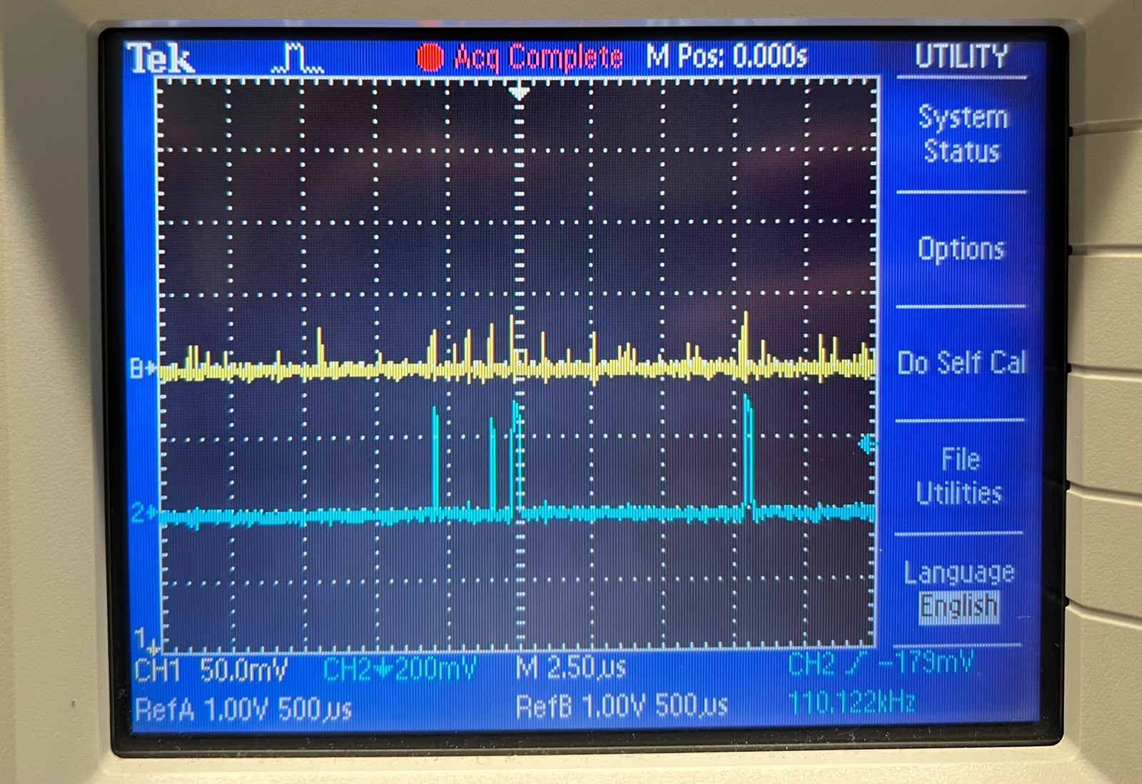 Avalanche noise on the scope. Each spike past the threshold fires a note.