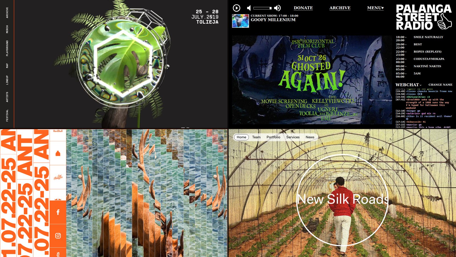 Screenshots of four old sites: Sūpynės Festival 2019, Palanga Street Radio, Ant Bangos and New Silk Roads
